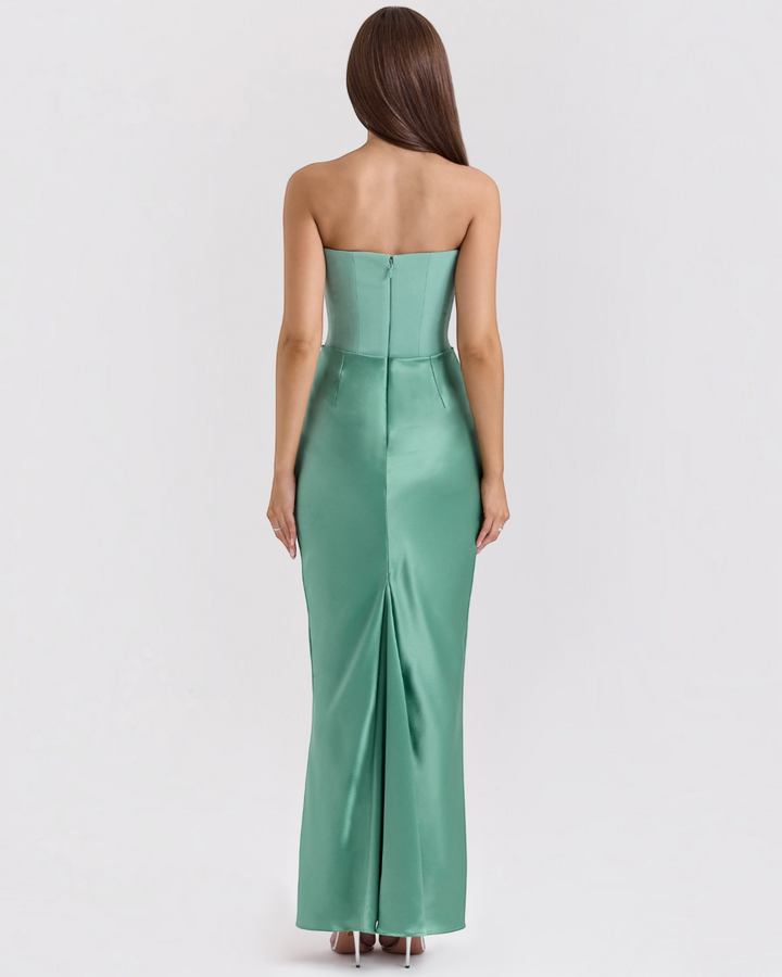 Luna Moda Serena strapless satin evening gown in sage green with a fitted bodice and back zipper, back view