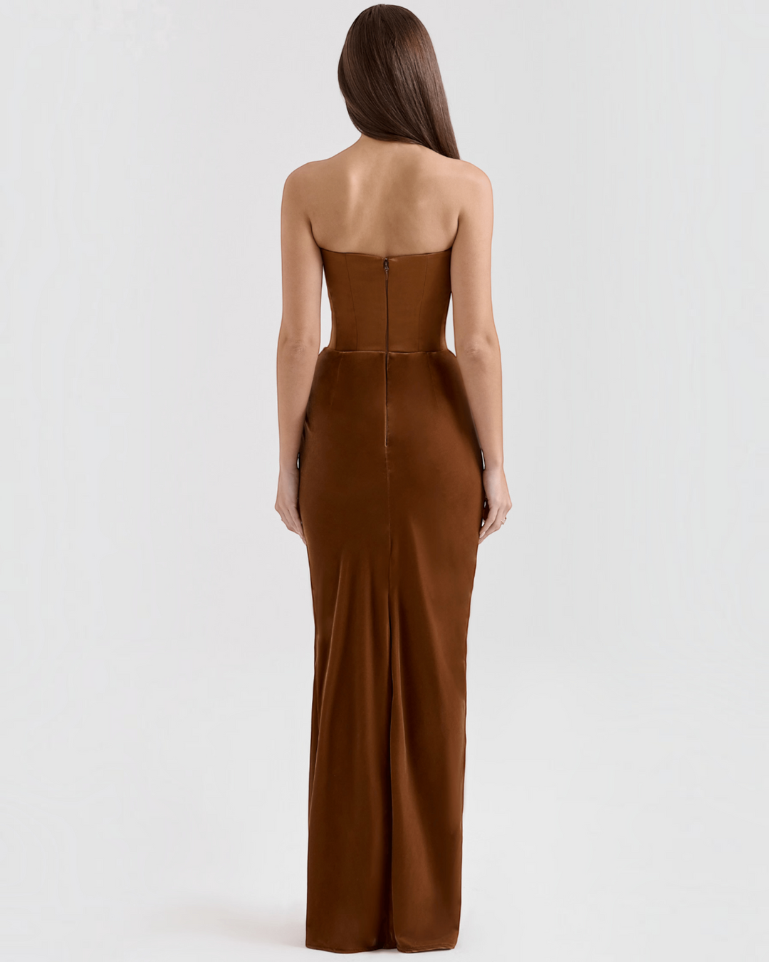 Back view of a Luna Moda strapless brown satin maxi dress with a fitted bodice and zipper closure on a model