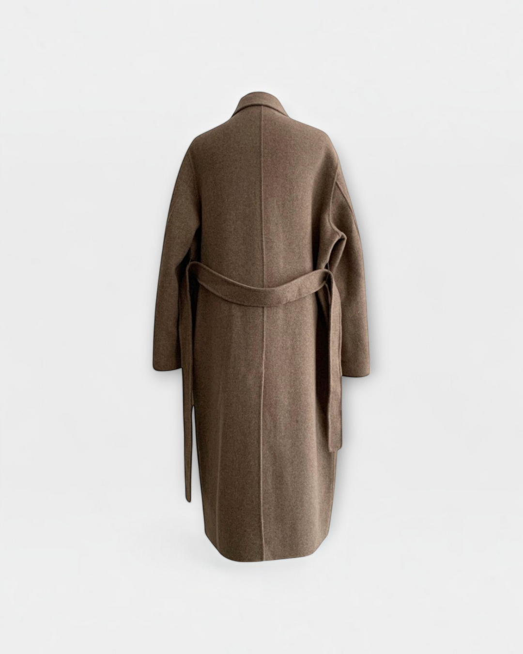 Luna Moda Carola long brown wool coat with a tie belt, shown from the back view, featuring a classic collar.