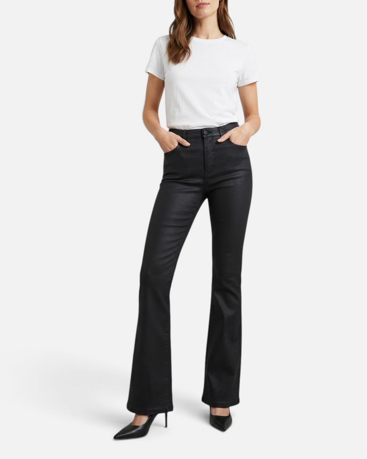 Luna Moda ELENA high-waisted black glossy flared trousers worn with a white t-shirt and black heels