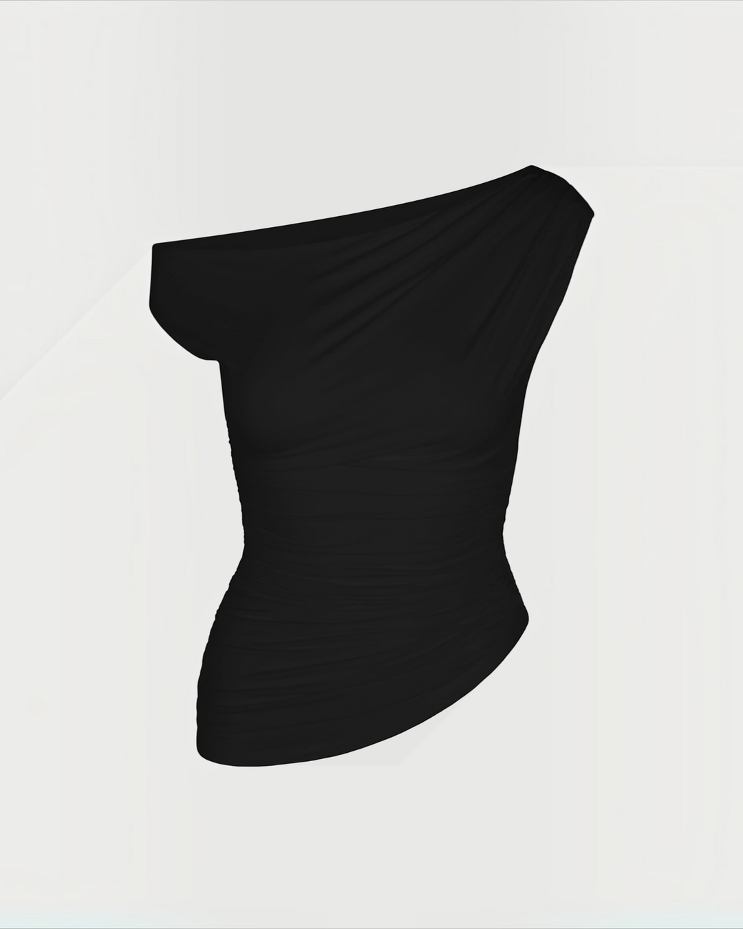 Luna Moda black asymmetric one-shoulder top with elegant side ruching in a soft stretch fabric