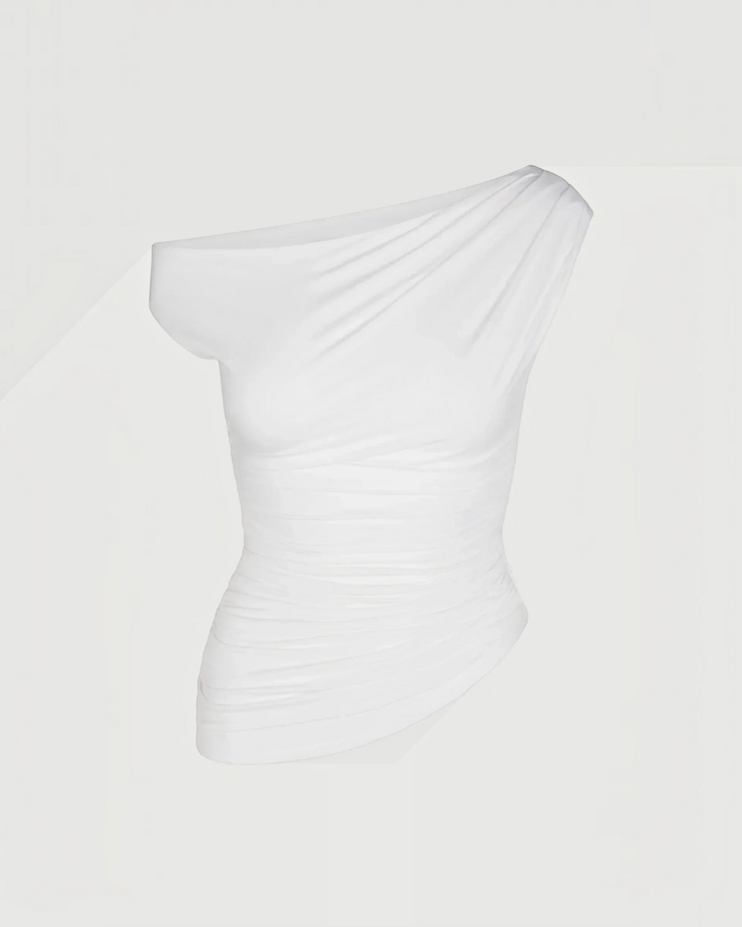 Luna Moda white one-shoulder top with elegant side ruching and stretchy fabric for a sophisticated fit