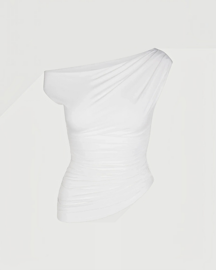 Luna Moda white one-shoulder top with elegant side ruching and stretchy fabric for a sophisticated fit
