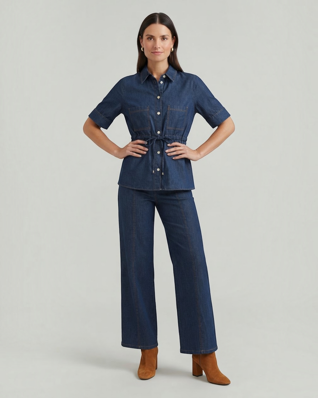 Luna Moda dark denim set featuring a short-sleeved button-up shirt with a drawstring waist and wide-leg trousers.