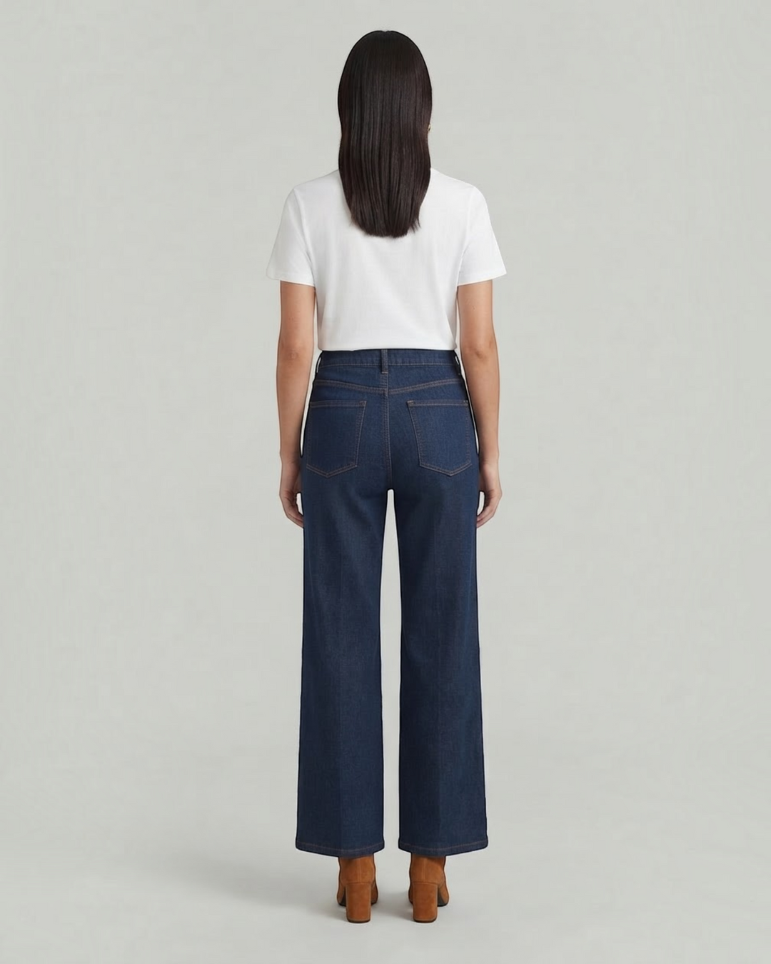Luna Moda Enrica high-waisted wide-leg dark denim jeans worn with a white t-shirt, back view