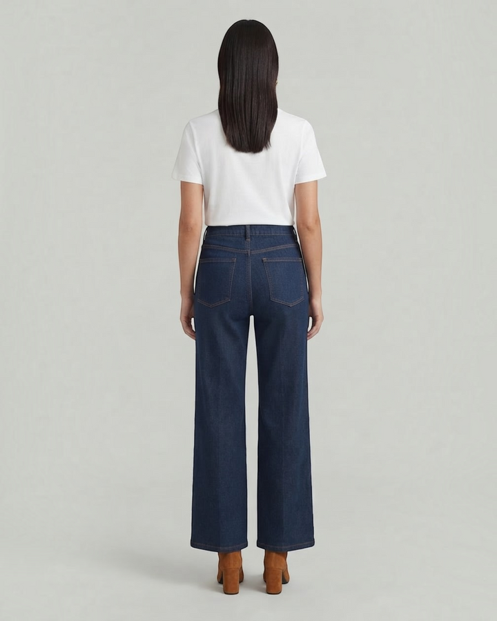 Luna Moda Enrica high-waisted wide-leg dark denim jeans worn with a white t-shirt, back view