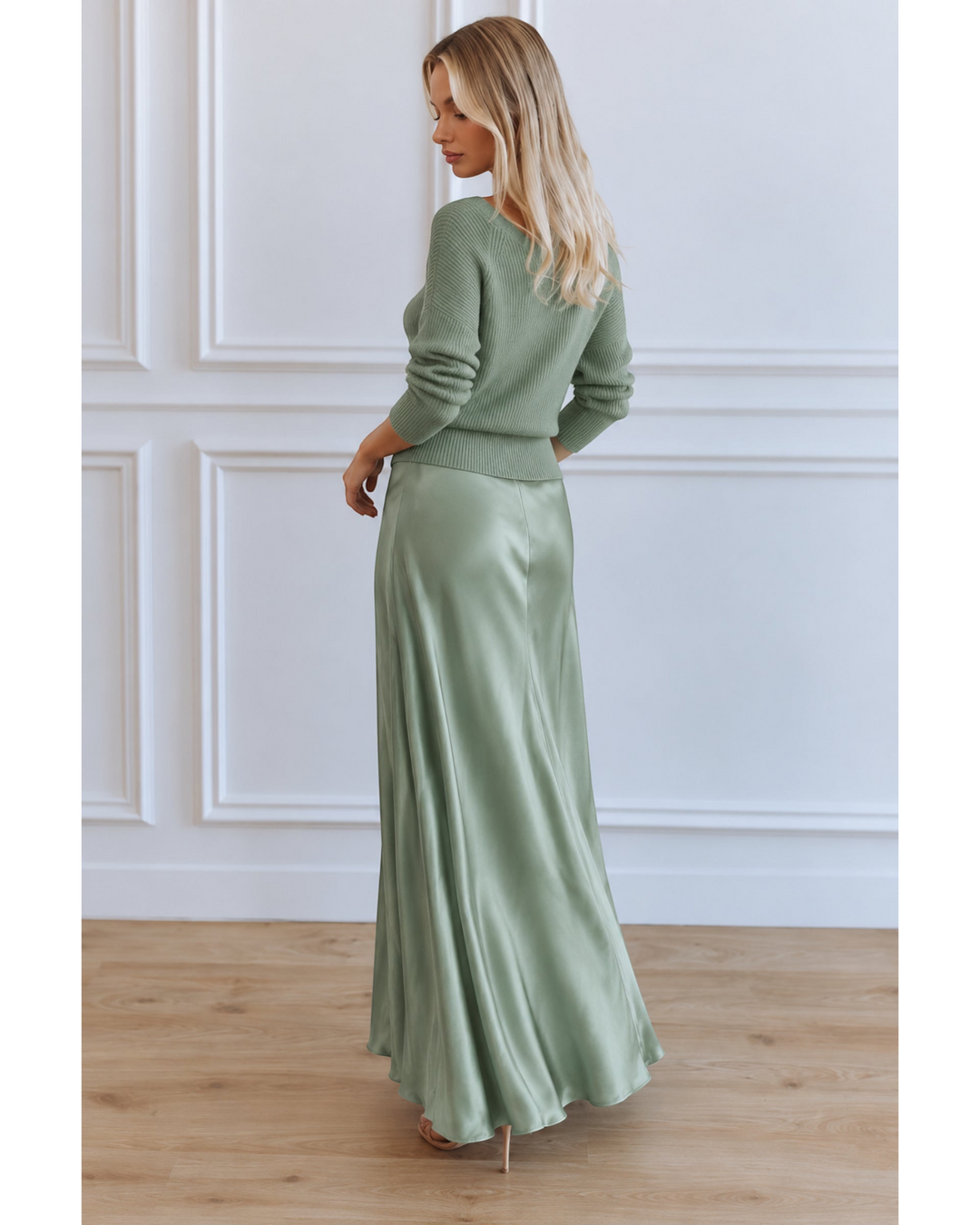 Luna Moda sage green midi satin dress paired with a matching ribbed knit sweater on a blonde model