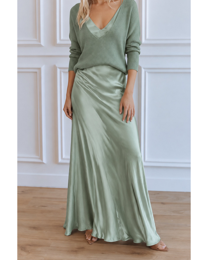Luna Moda sage green midi satin dress paired with a matching V-neck knit sweater for a sophisticated layered look.