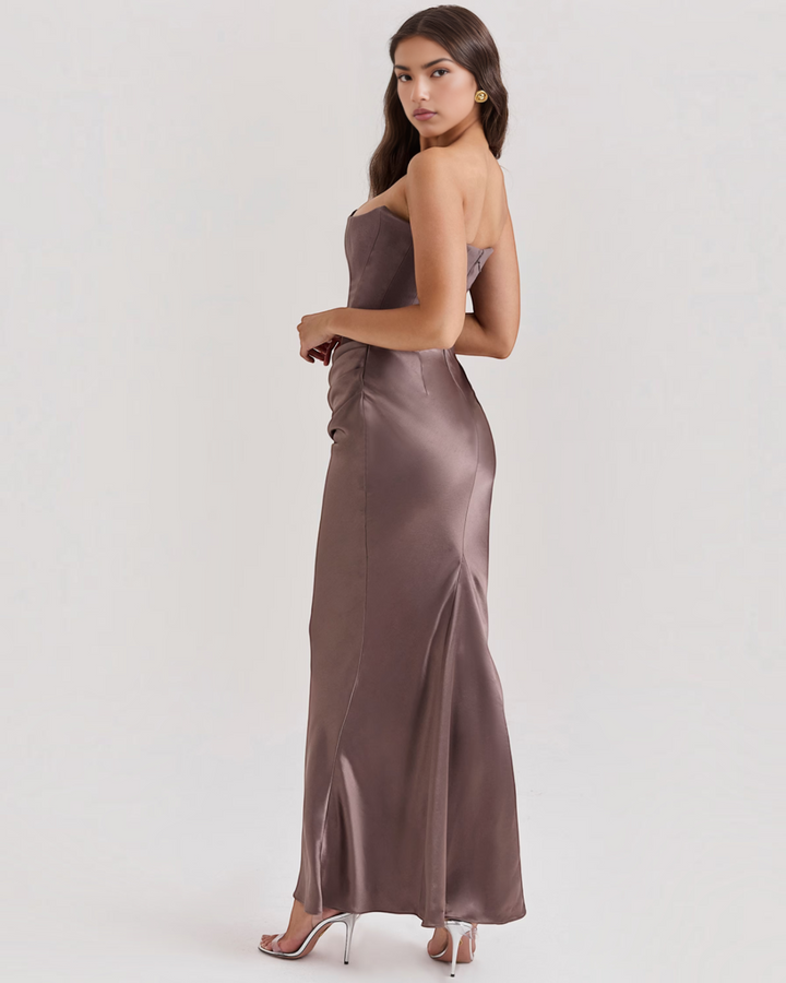 Luna Moda Leilani strapless evening gown in taupe satin with side draping and a sleek floor-length silhouette.