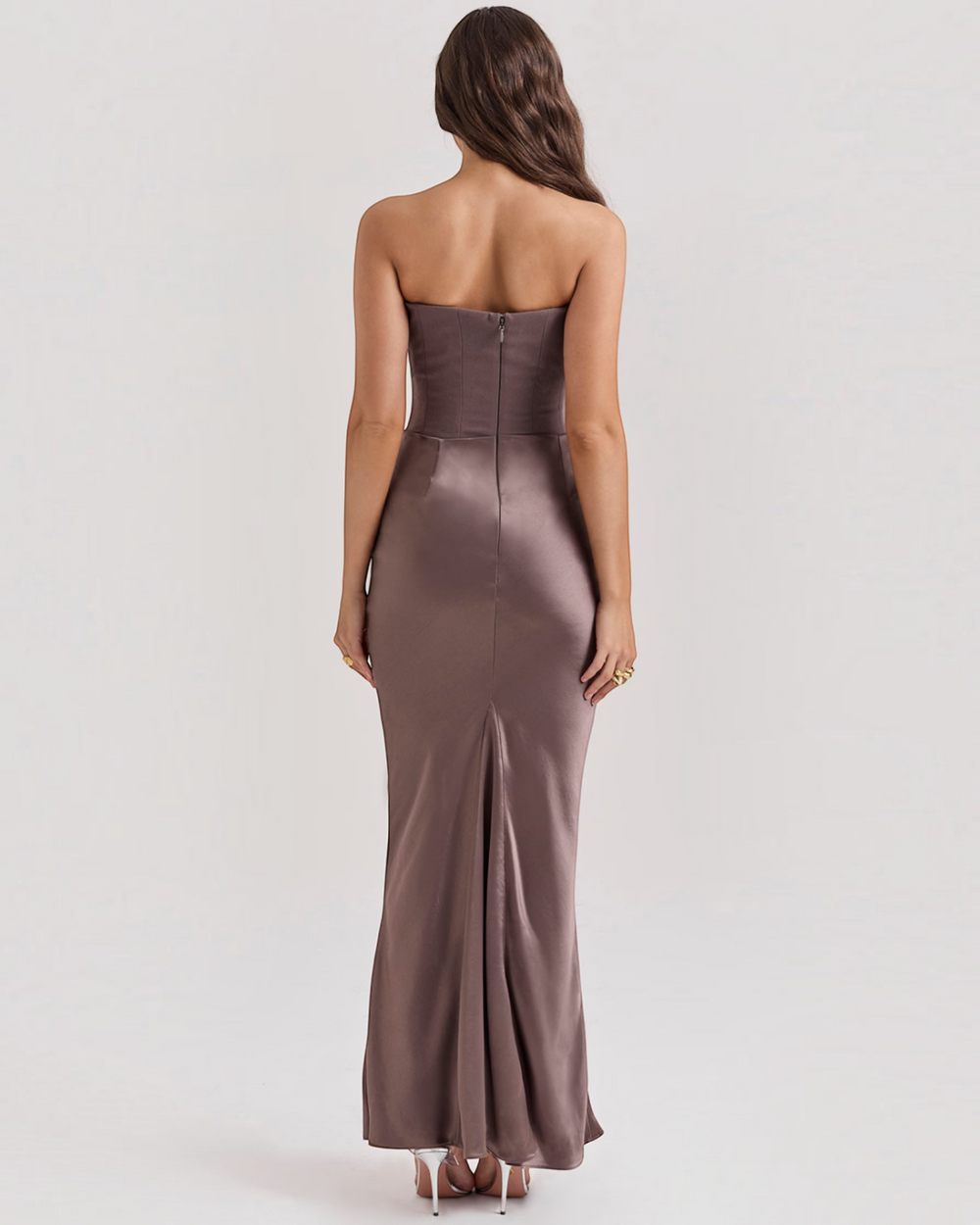 Luna Moda Leilani strapless evening gown in taupe satin with a structured bodice and back zip closure