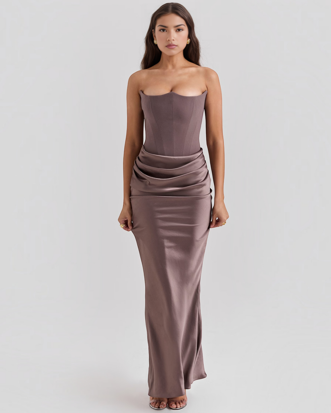 Luna Moda Leilani strapless evening gown in taupe with a structured corset bodice and elegant side-draped skirt.