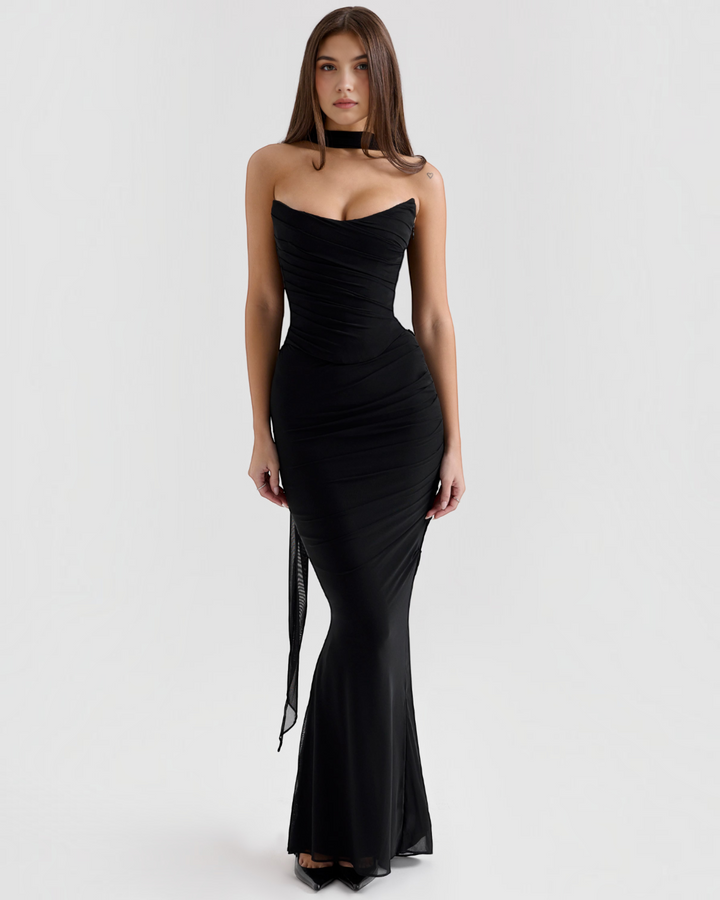 Luna Moda Seraphina black mesh corset dress with draped bodice, supportive boning, and removable scarf detail