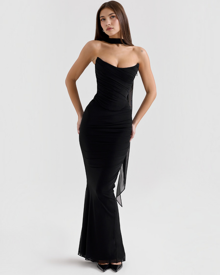 Luna Moda Seraphina black mesh corset dress with draped bodice, boning, and a removable scarf on a model