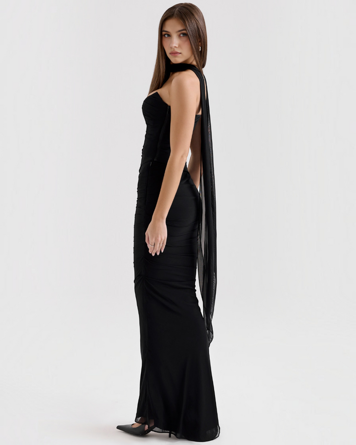 Luna Moda Seraphina black mesh corset dress with draped bodice, supportive boning, and a removable scarf on a model