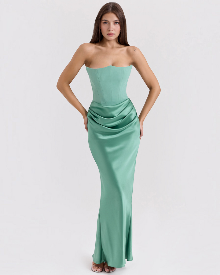 Luna Moda Serene mint green satin strapless corset dress with a draped waist on a model against a white background