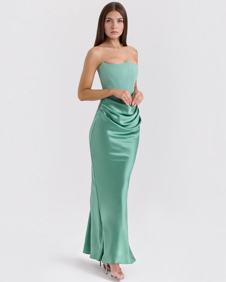 Luna Moda Serena strapless evening gown in mint green satin with a structured bodice and draped skirt detail.
