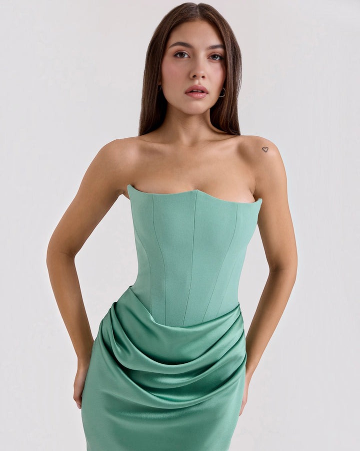 Luna Moda Serene mint green strapless satin dress with a fitted bodice and elegant draped waist detail on a model.