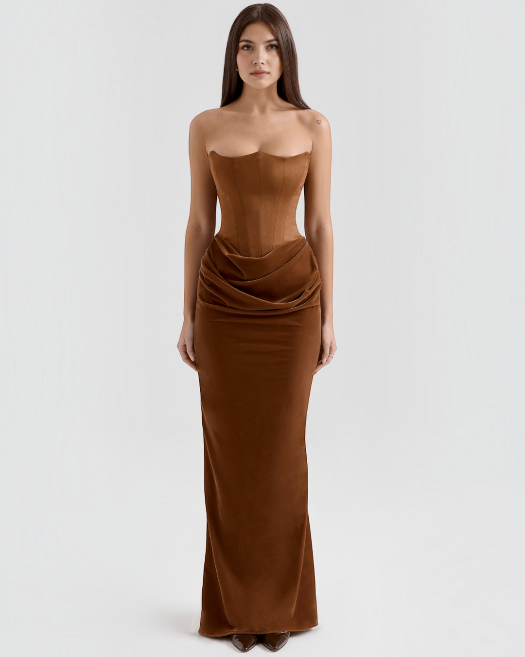 Luna Moda brown strapless satin corset dress with a draped waist, worn by a model against a plain background.