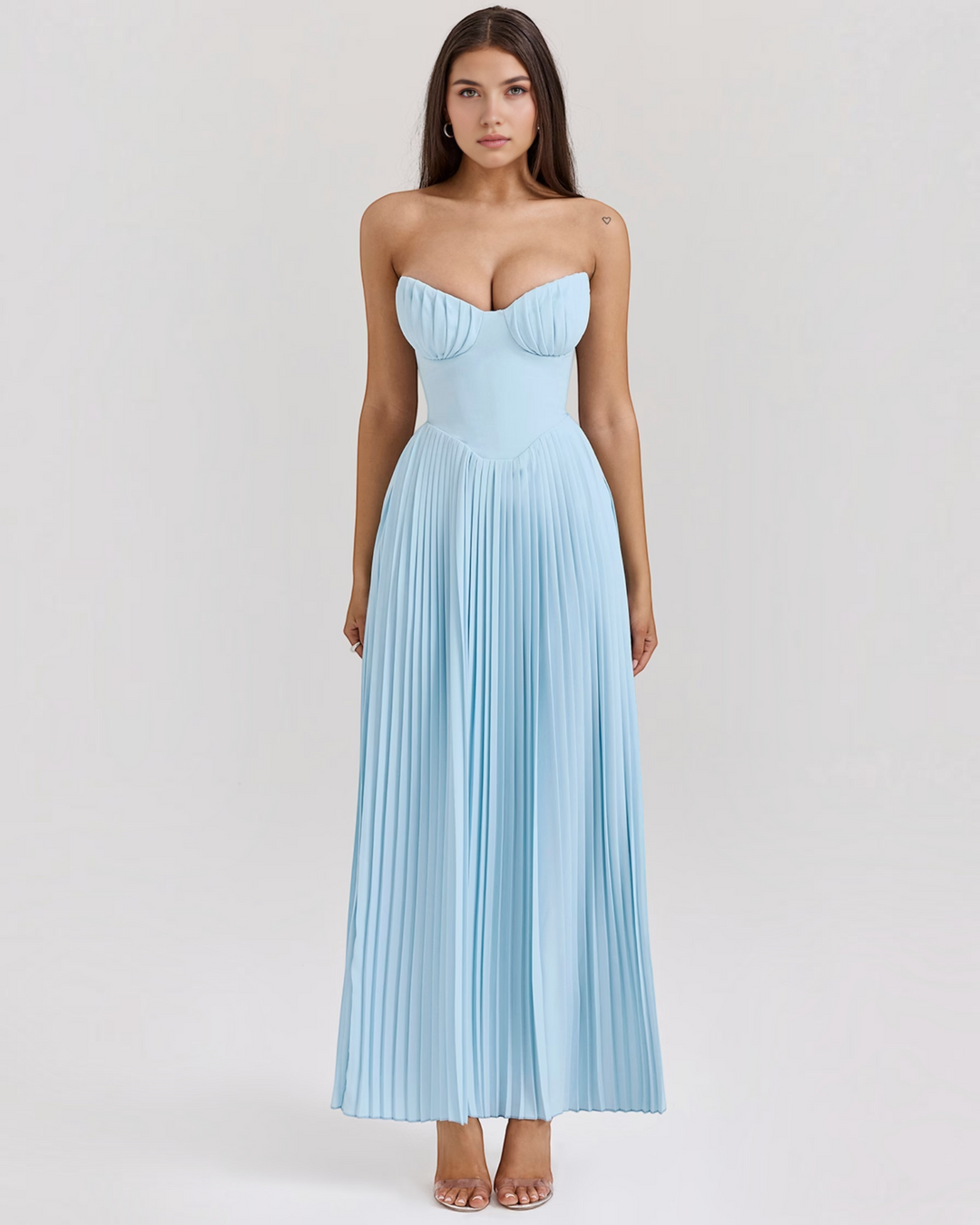 Luna Moda strapless sky blue midi dress with a structured bodice and pleated skirt worn by a model.