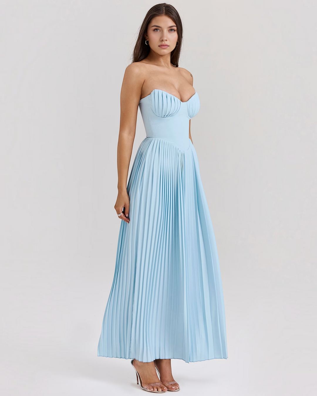 Luna Moda sky blue strapless midi dress with a structured bodice and pleated skirt worn by a model