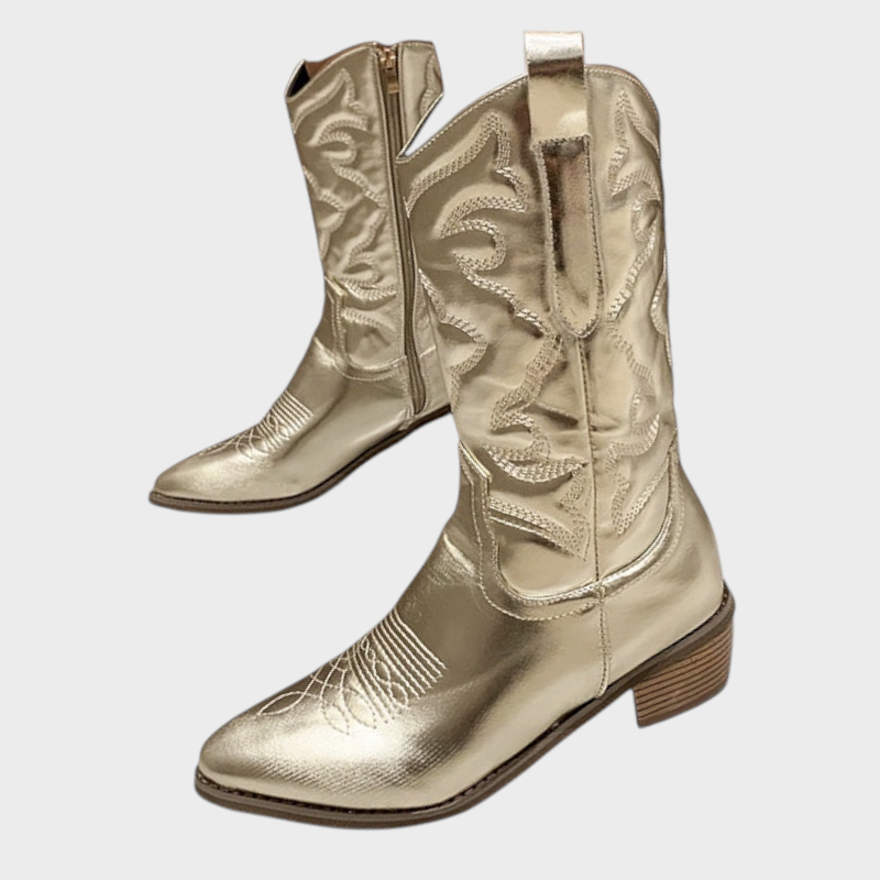 Luna Moda Livia metallic gold cowboy boots with pointed toe, side zipper, and intricate western embroidery