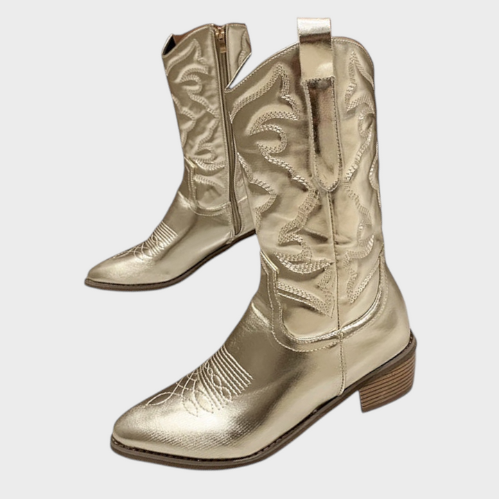 Luna Moda Livia metallic gold cowboy boots with pointed toe, side zipper, and intricate western embroidery