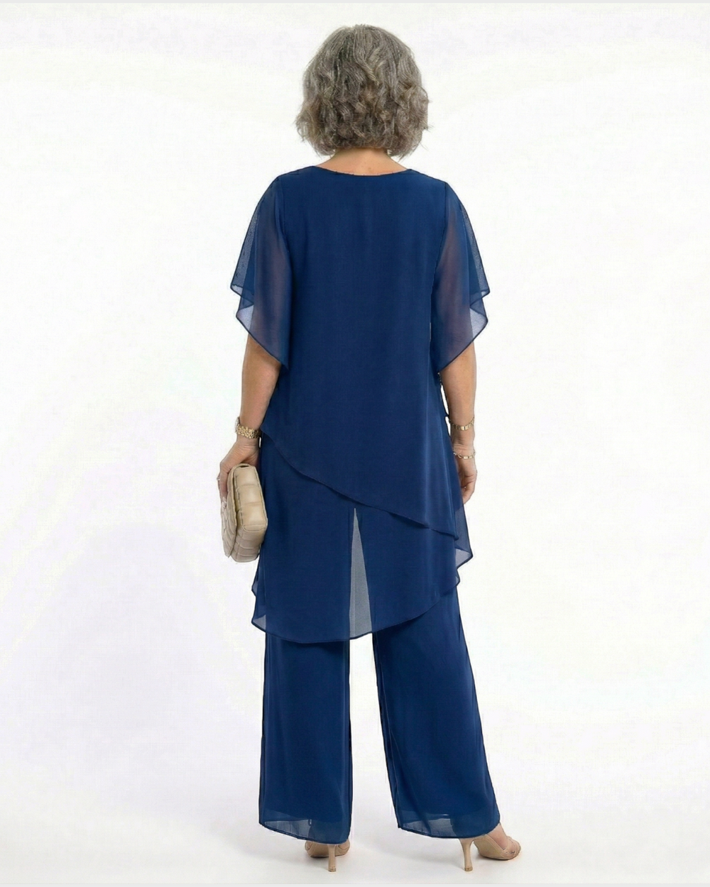 Isabella – Completo cerimonia con tunica asimmetrica in blu navy, vista posteriore | Luna Moda