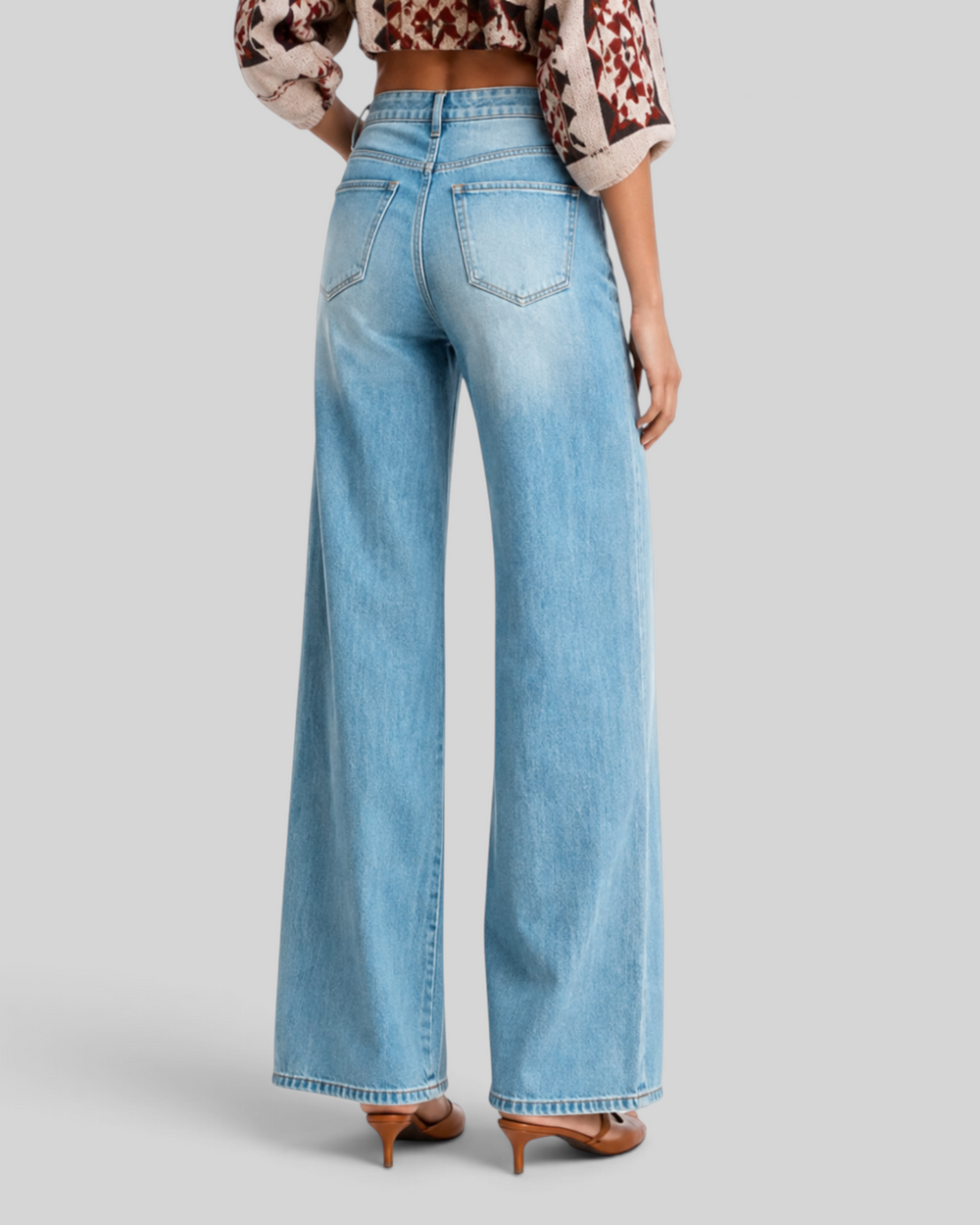 Luna Moda high-waisted wide-leg light blue denim jeans viewed from the back on a model with brown kitten heels.