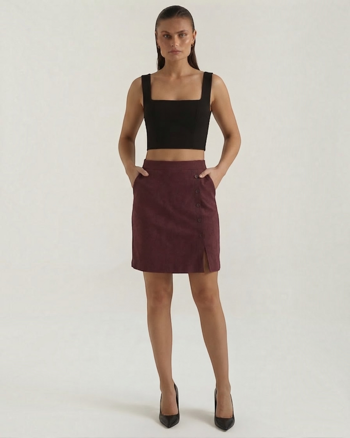 Speranza – Minigonna effetto suede con bottoni in bordeaux | Luna Moda