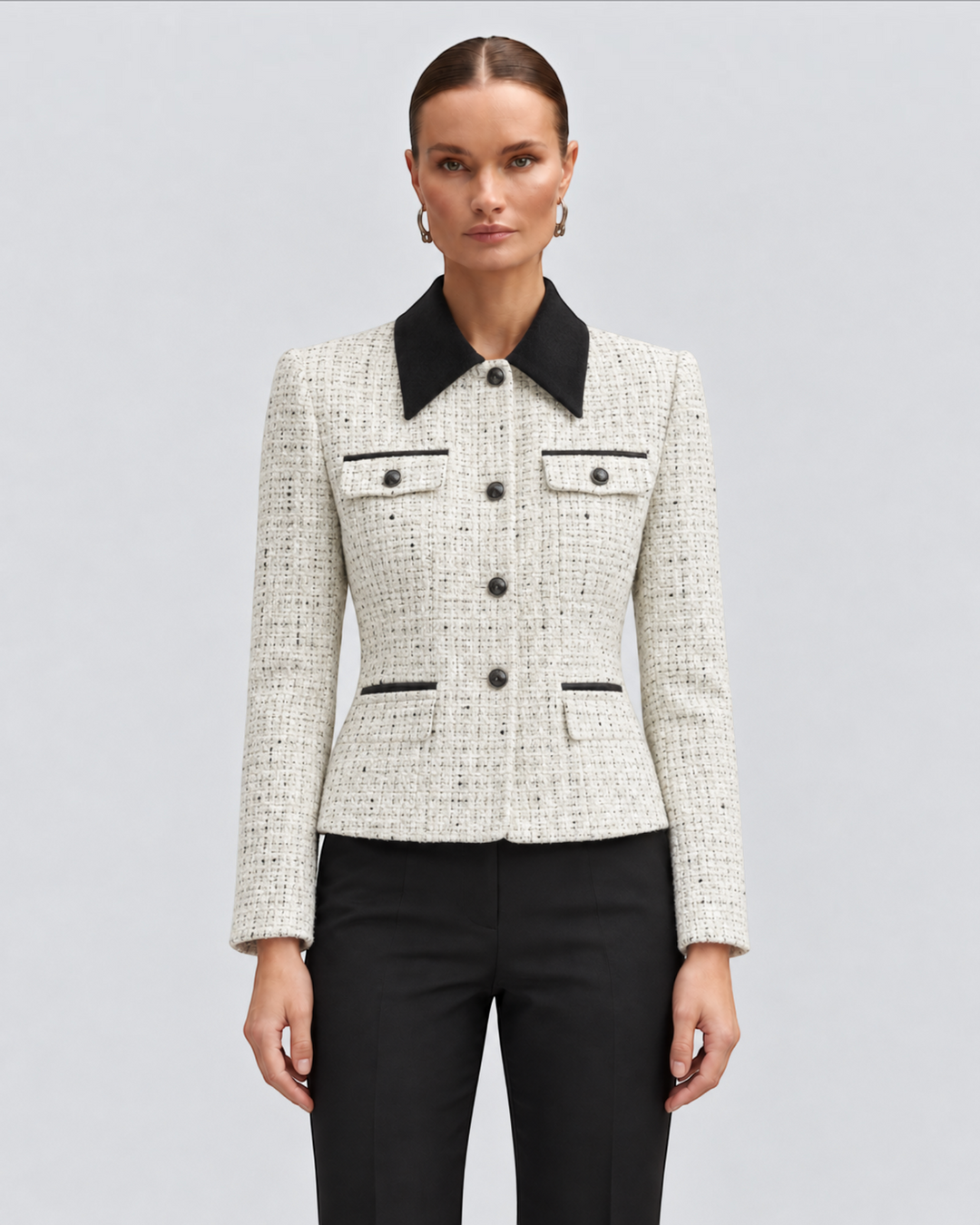 Luna Moda textured tweed jacket in cream with a black contrast collar and button-up front on a female model
