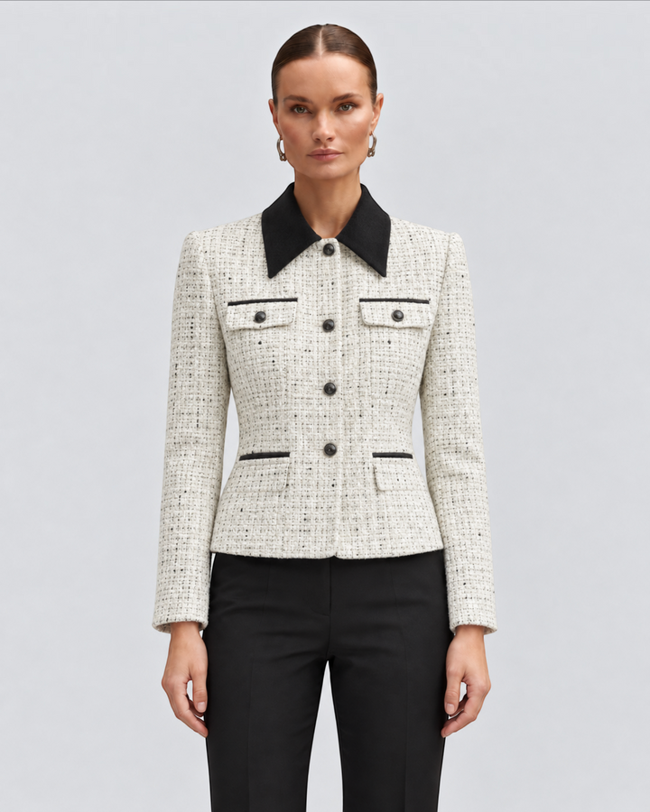 Luna Moda textured tweed jacket in cream with a black contrast collar and button-up front on a female model