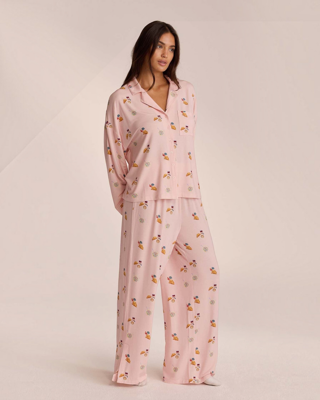 Luna Moda Mattine Dolci pajama set in soft pink with a breakfast-themed print, featuring a button-up shirt and pants.