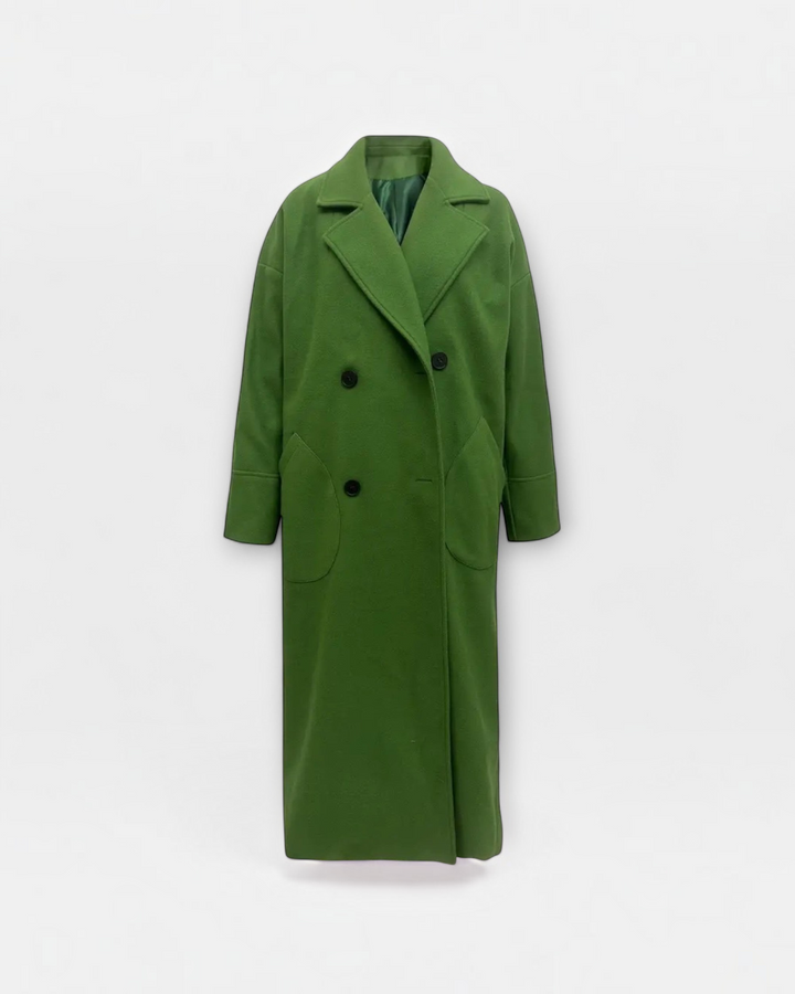 Luna Moda FILIPPA green thermal coat with wide lapels, double-breasted button closure, and long elegant silhouette.
