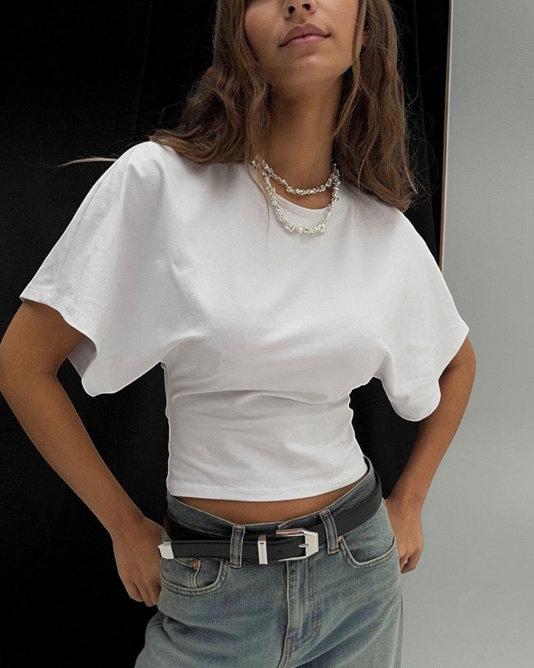 Luna Moda white relaxed fit t-shirt with short sleeves worn by a woman with a silver chain necklace