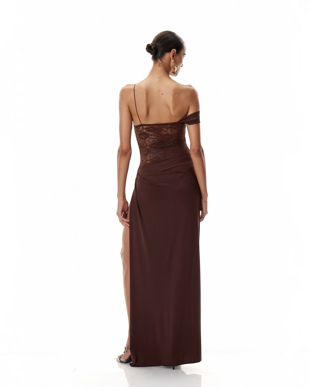 Luna Moda brown one-shoulder maxi dress with a semi-sheer lace bodice and high side slit, back view