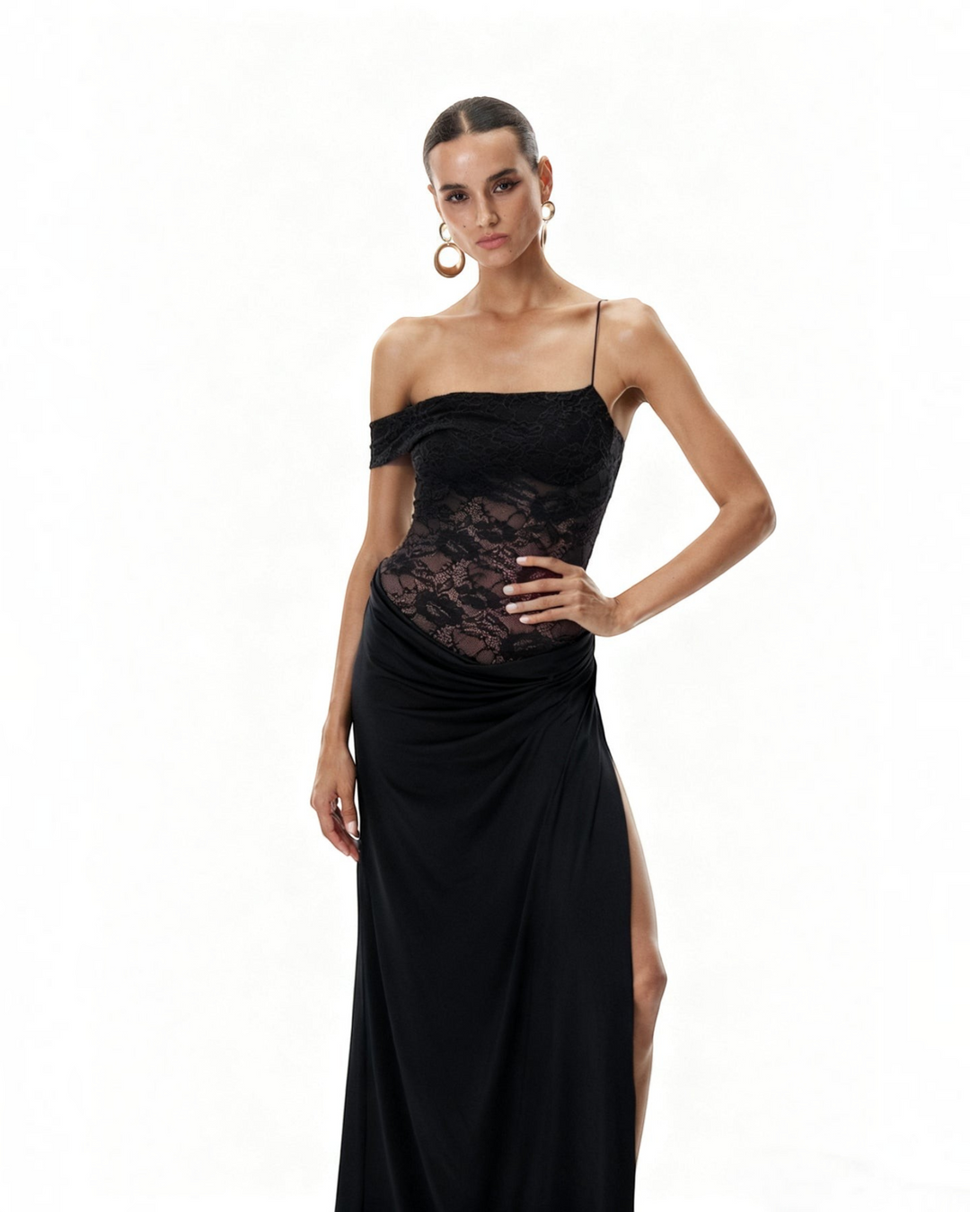 Luna Moda black one-shoulder maxi dress with a semi-sheer lace bodice, draped skirt, and high thigh slit.