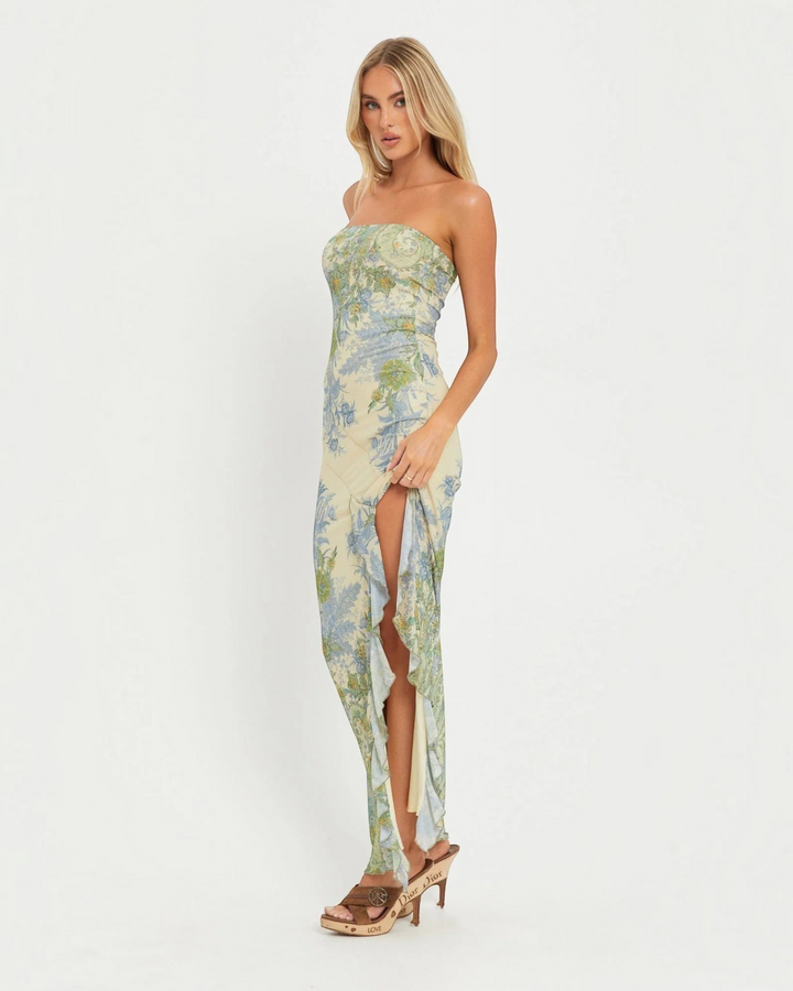 Luna Moda strapless maxi dress in vintage pastel floral print with a high thigh slit on a blonde model