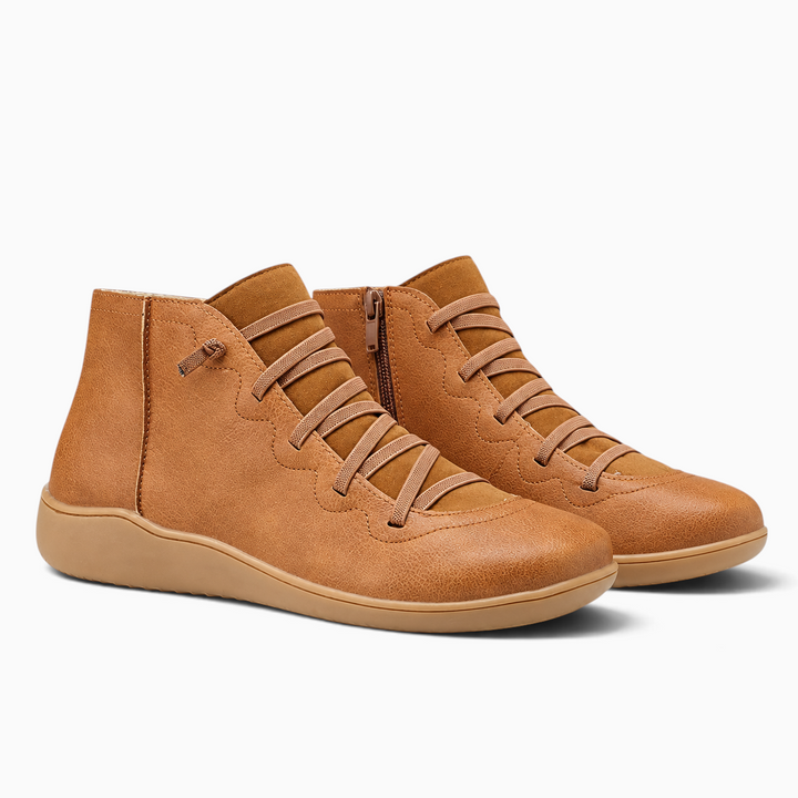 Luna Moda ISADORA tan leather ankle boots with lace-up front, side zip closure, and flat comfortable sole.