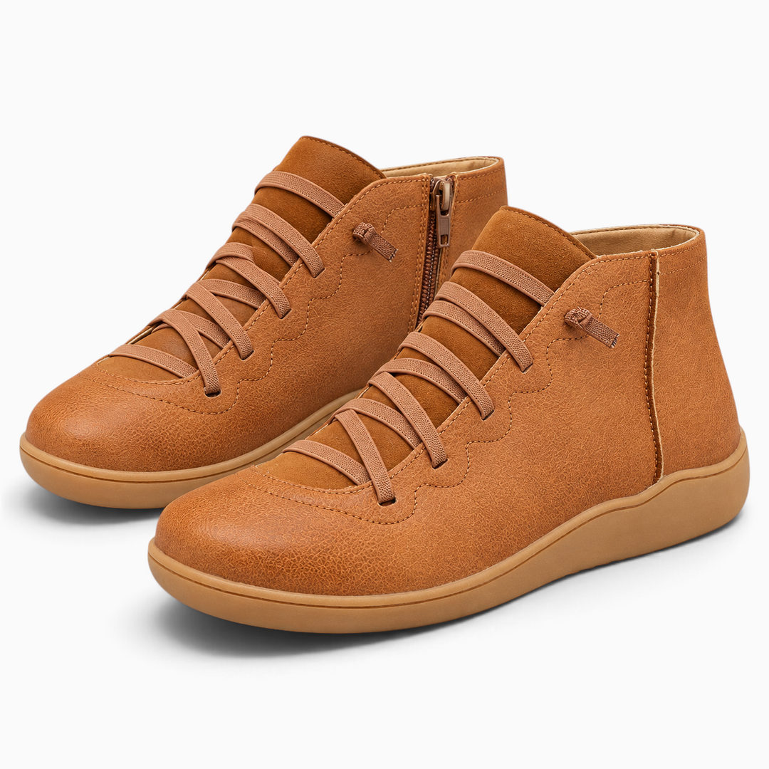 Luna Moda Isadora tan ankle boots with rounded toe, lace-up front, and side zipper on a neutral background