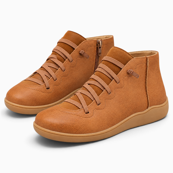 Luna Moda Isadora tan ankle boots with rounded toe, lace-up front, and side zipper on a neutral background