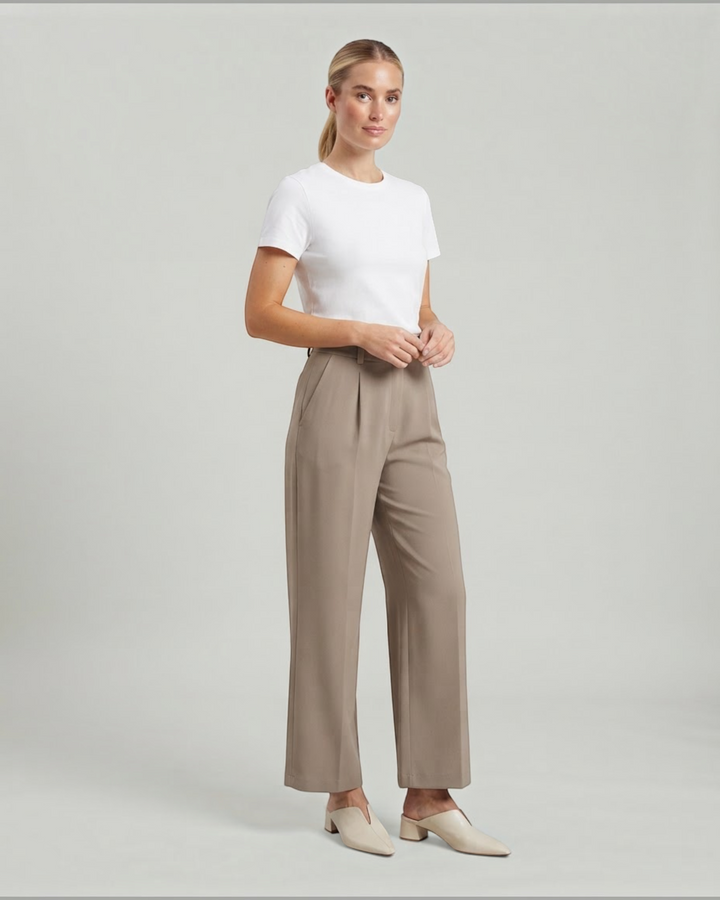 Luna Moda high-waisted beige palazzo trousers worn by a model with a white t-shirt and cream mules