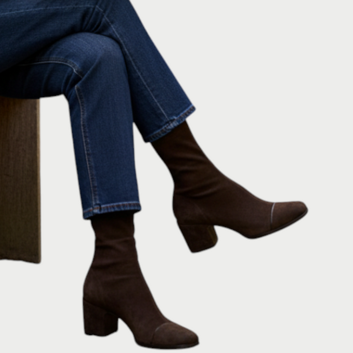 Luna Moda Sara dark brown suede high-heeled boots with a block heel worn with blue jeans