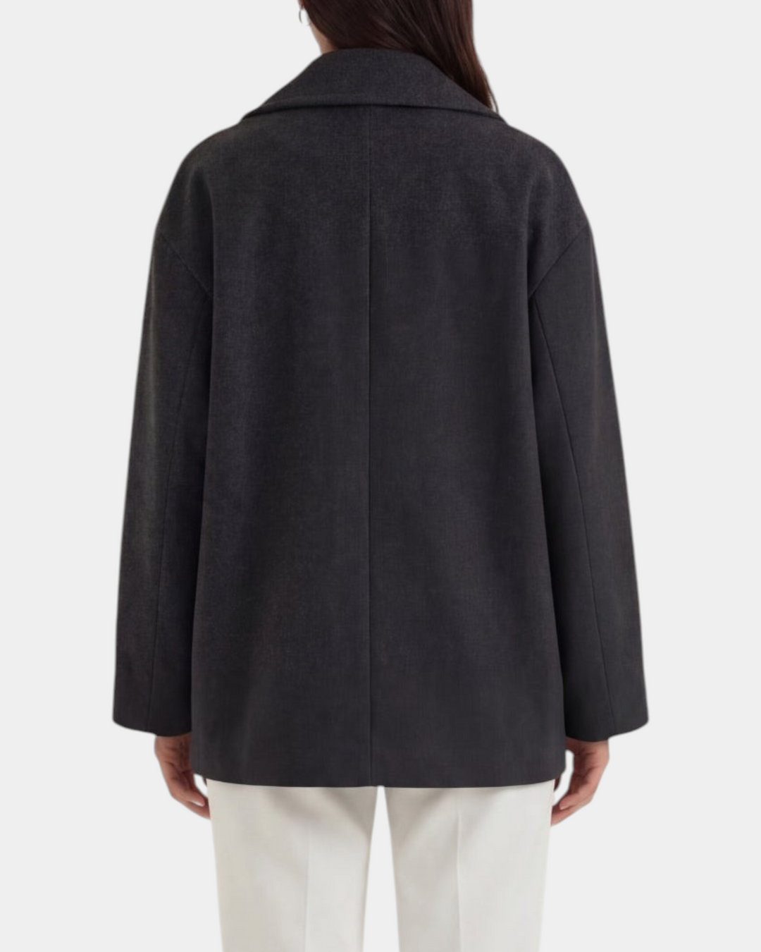 Luna Moda Corinna charcoal grey oversized coat with clean lines worn by a woman from the back view