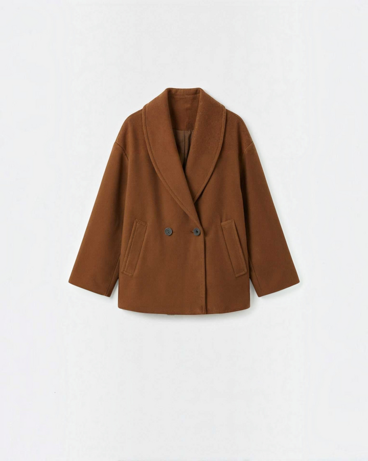 Luna Moda Corinna brown oversized coat with a wide shawl collar and double-breasted button closure.