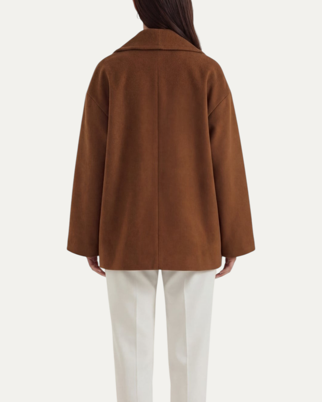 Luna Moda Corinna oversized brown coat with a relaxed fit worn by a woman from the back view
