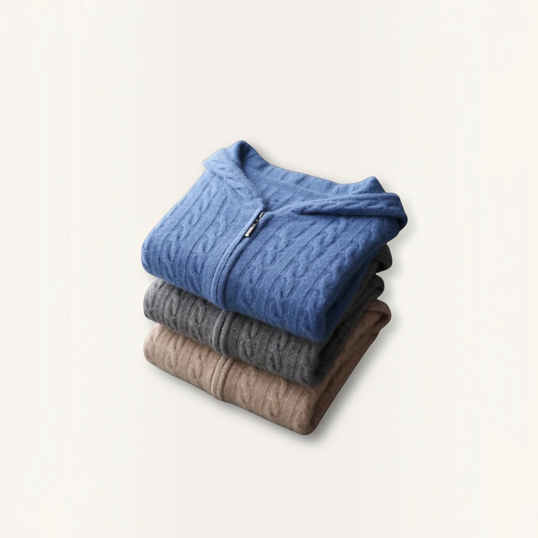 Luna Moda Skylar cable-knit hooded sweaters in blue, grey, and beige wool blend, stacked neatly.