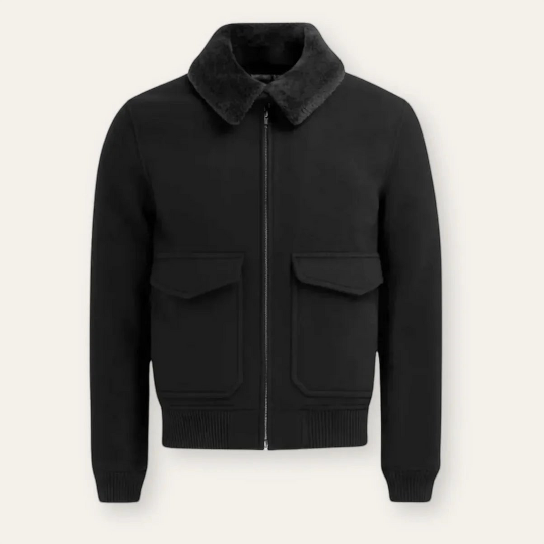 Luna Moda black bomber jacket in vegan wool blend with a detachable shearling collar and front flap pockets.