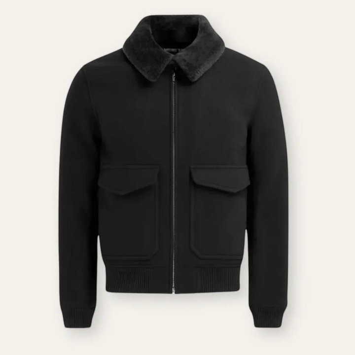 Luna Moda black bomber jacket in vegan wool blend with a detachable shearling collar and front flap pockets.