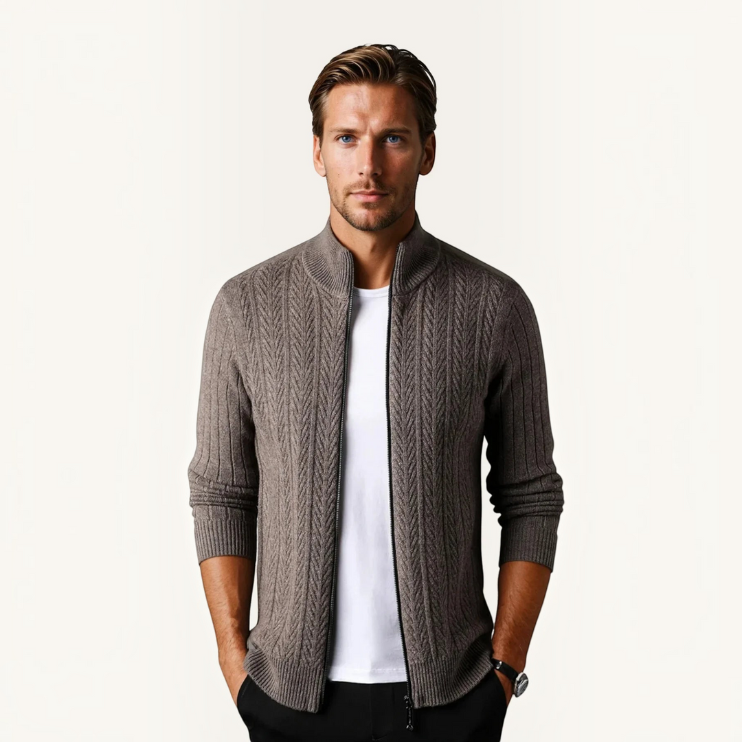 Luna Moda Regalia taupe pure wool zip-up sweater with textured ribbed detailing worn by a man over a white t-shirt
