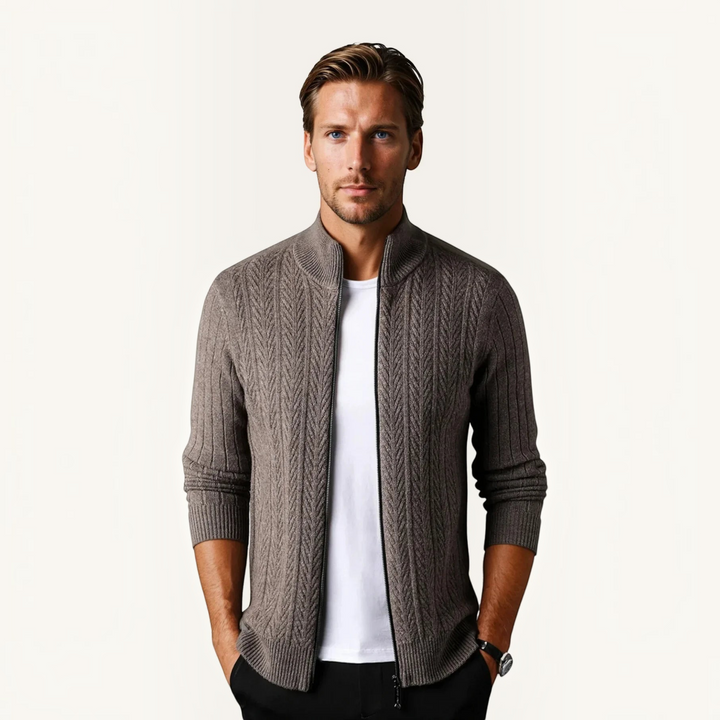Luna Moda Regalia taupe pure wool zip-up sweater with textured ribbed detailing worn by a man over a white t-shirt